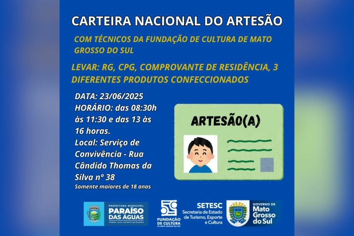 Imagem de compartilhamento para o artigo Paraíso das Águas terá emissão da Carteira Nacional do Artesão no dia 23 de junho da MS Todo dia
